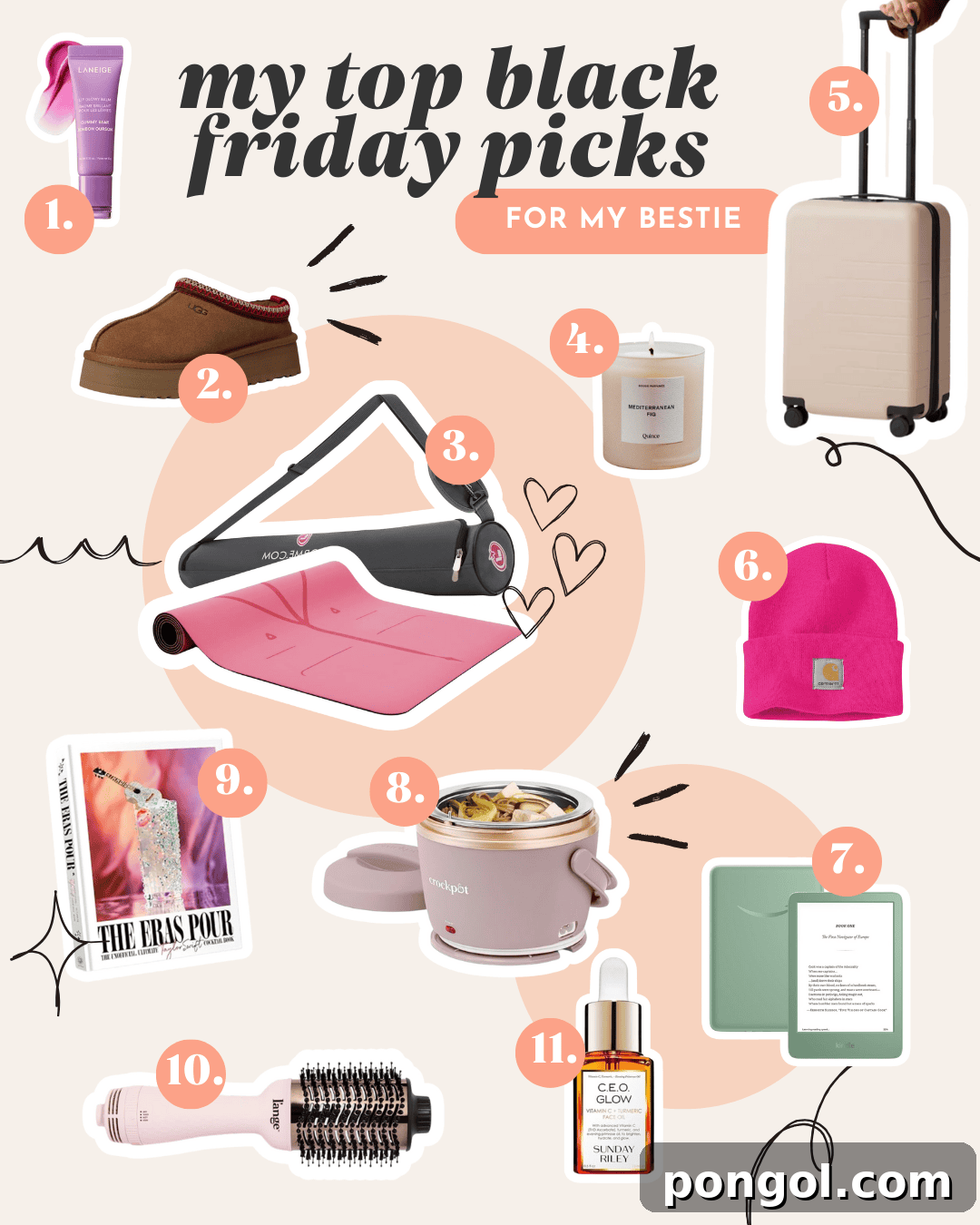 Collage of Black Friday gift ideas for best friends including beauty products, cozy accessories, and travel items.