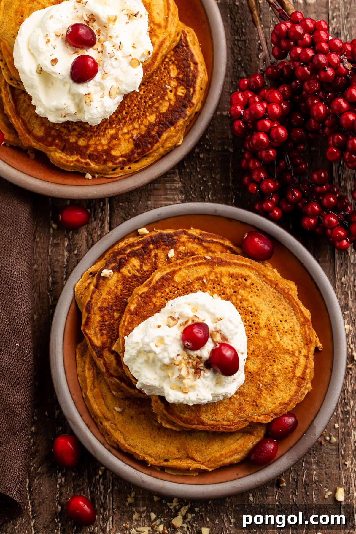 Overhead view of gingerbread pancakes topped with whipped cream, fresh cranberries, and chopped pecans on rustic plates