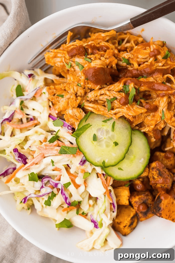 Whole30 BBQ chicken bowls with sweet potatoes and coleslaw