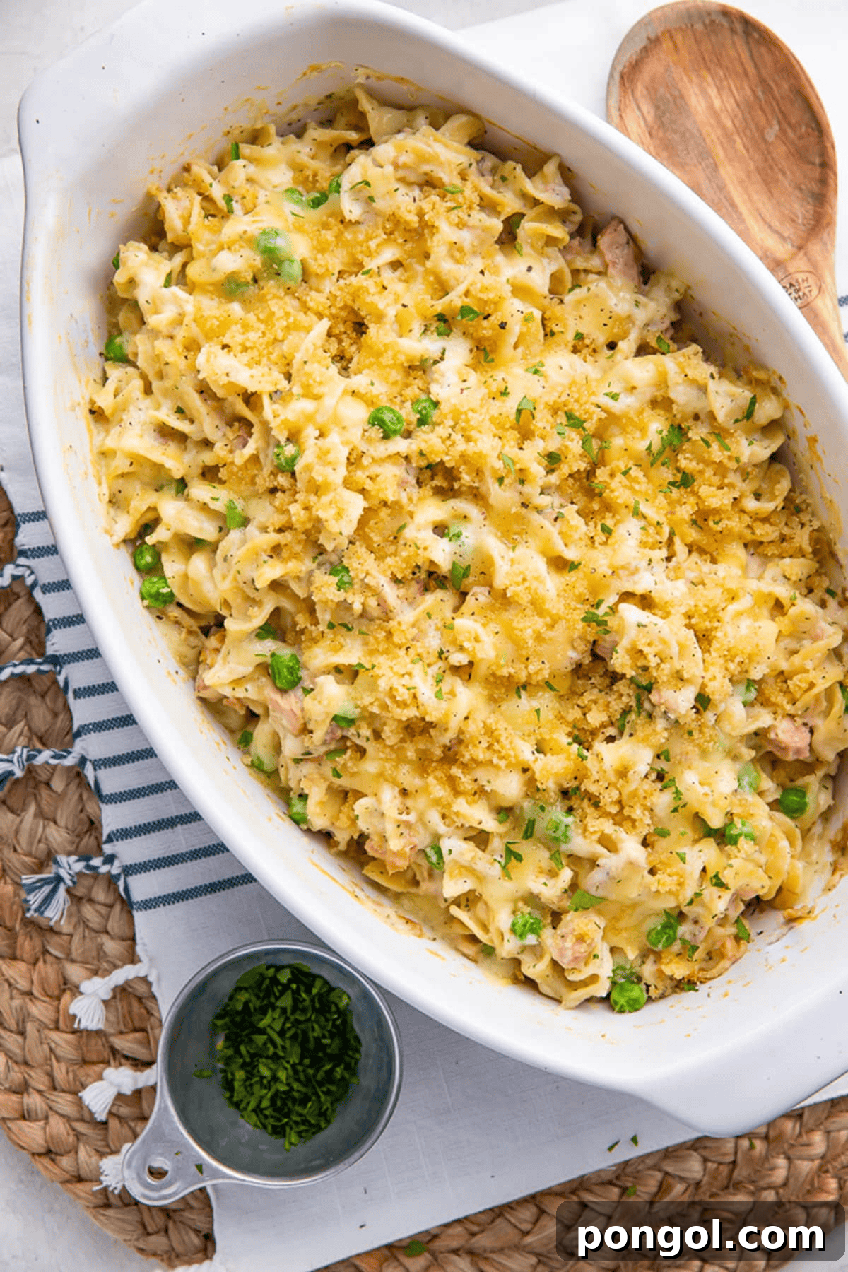 Tuna noodle casserole with a golden breadcrumb topping