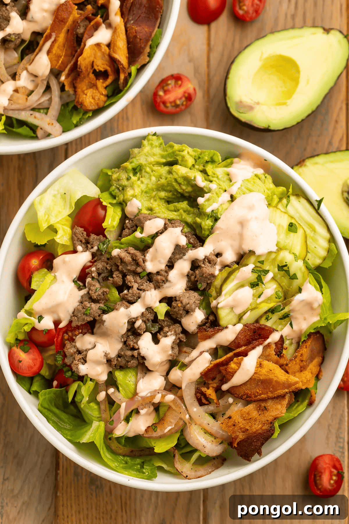 Loaded burger bowls with special sauce, bacon, and guacamole