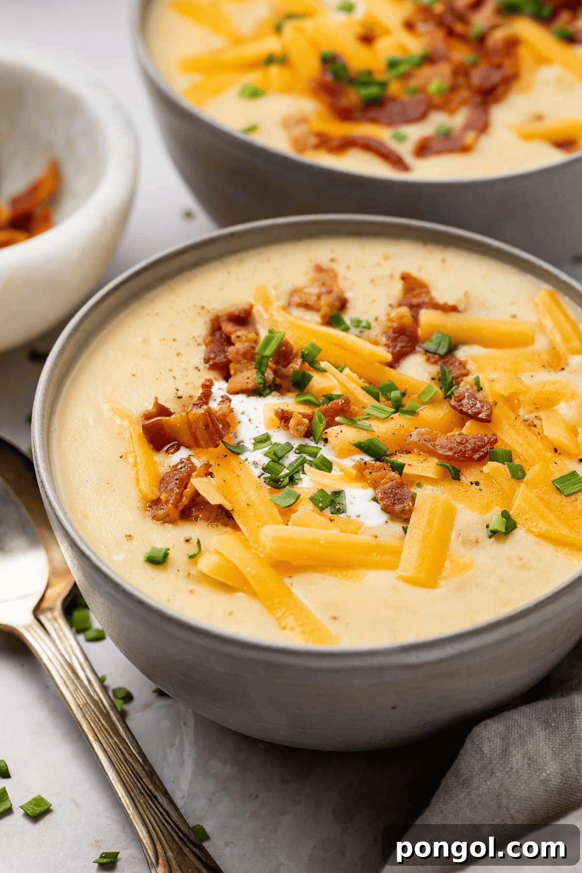 Instant Pot Potato Soup with crispy bacon, cheddar, and sour cream