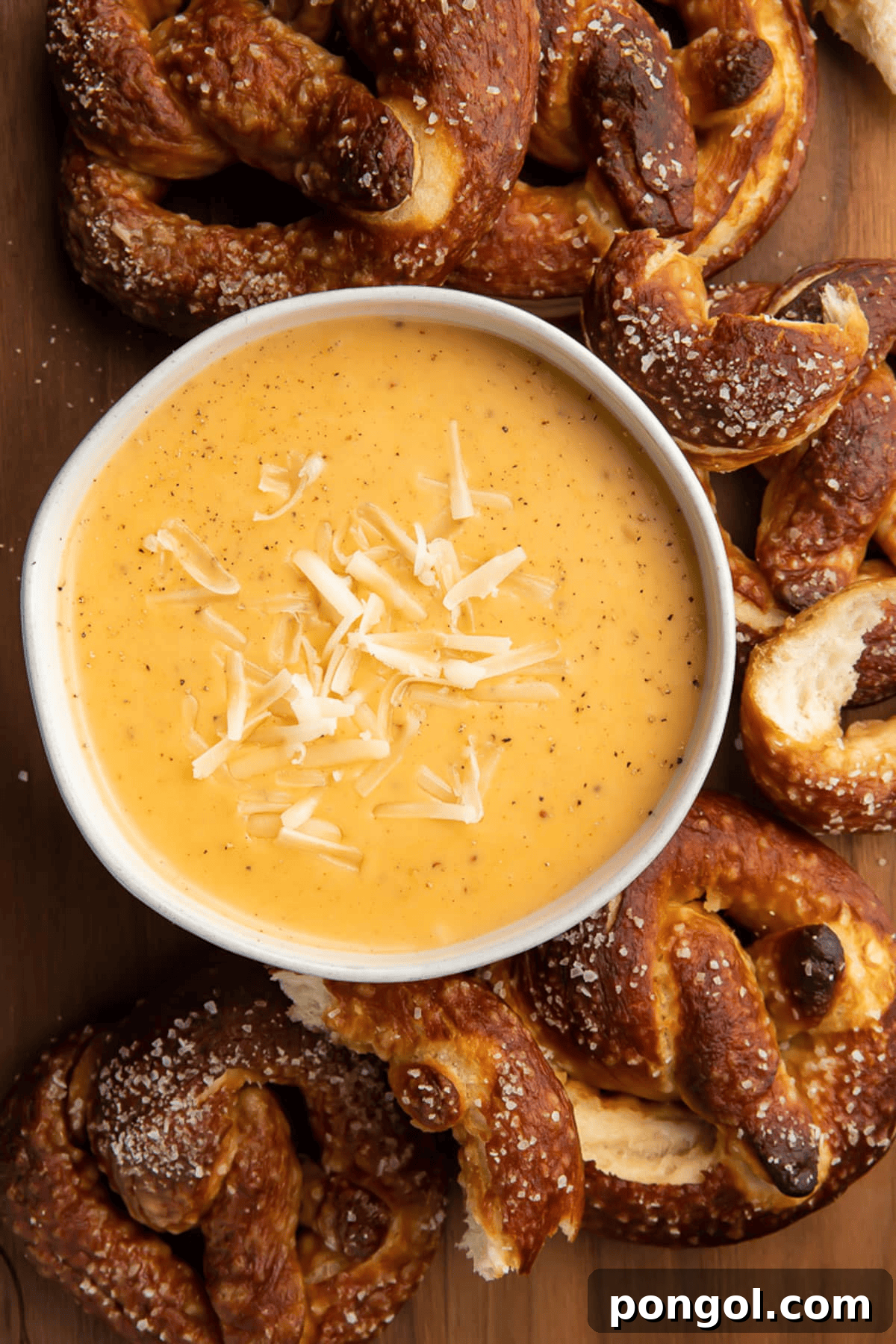 Warm Beer Cheese Dip served with soft pretzels and chips