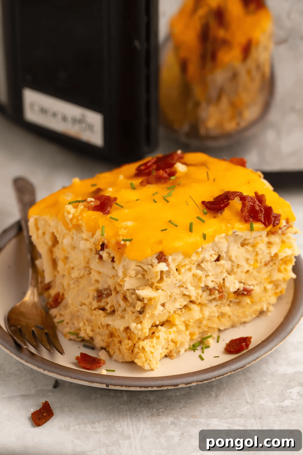 Crockpot Breakfast Casserole with bacon, eggs, and hash browns