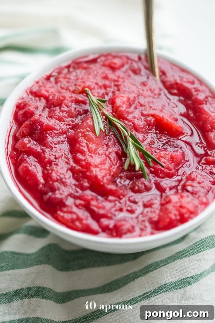 This Instant Pot Whole30 cranberry sauce with apples and rosemary is the perfect Whole30 cranberry sauce: sweet and tart with no added sweeteners at all! It's the perfect addition to any Whole30 Thanksgiving table and goes beautifully with my Whole30 green bean casserole. You'll love this Instant Pot Whole30 cranberry sauce with apples and rosemary because it's so easy and quick yet gourmet!