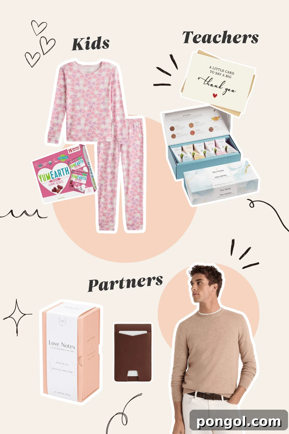 Valentine's Day gift ideas collage showing cozy pajamas and gummy hearts for kids, heartfelt thank you cards and tea sets for teachers, and elegant love notes, wallets, and cashmere sweaters for partners