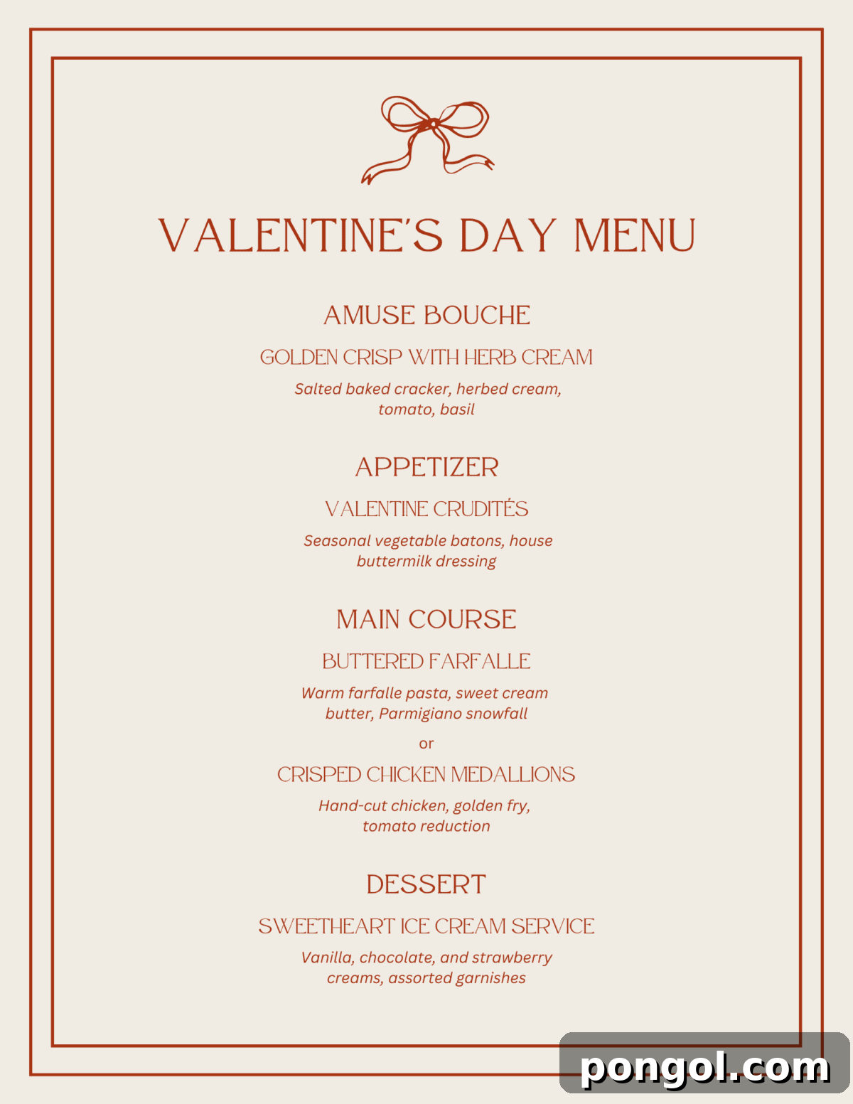 Little Loves' Valentine's Day Feast 3 Valentine's Day menu template featuring a decorative bow and listing courses for a fancy kids' dinner: Amuse Bouche, Appetizer, Main Course (two options), and Dessert