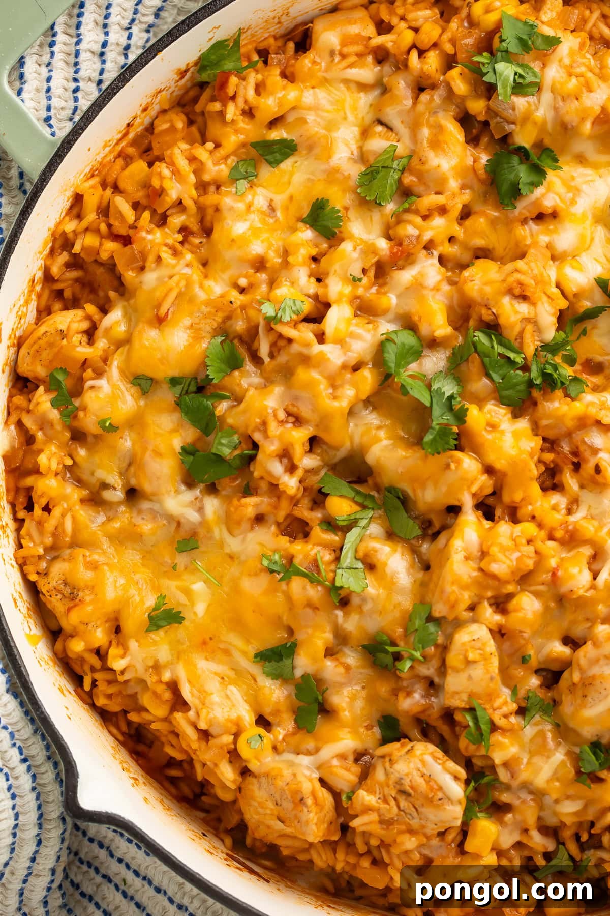 A large skillet filled with one-pan Mexican chicken and rice, garnished with fresh cilantro leaves, ready to be served.