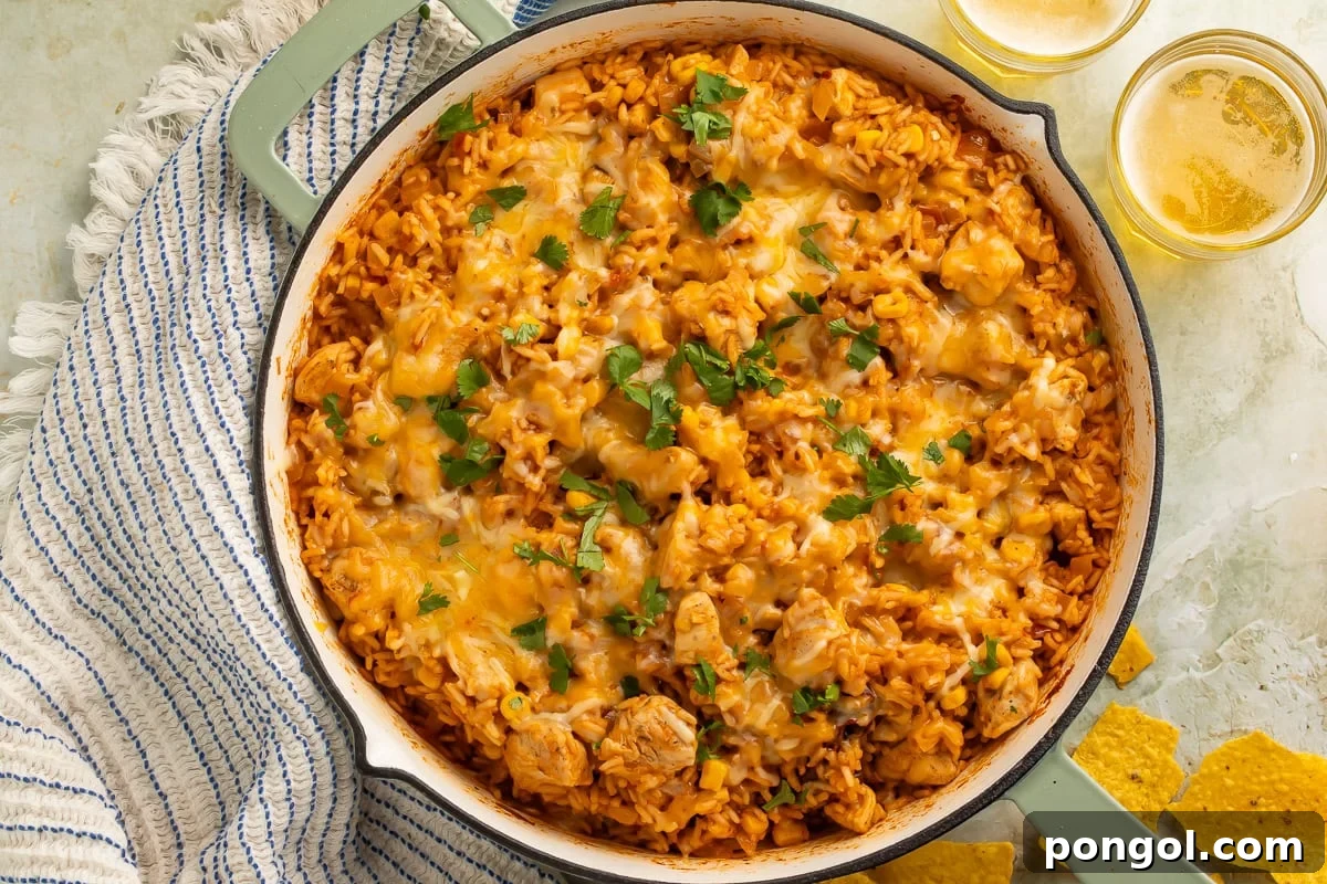 Overhead view of one pan Mexican chicken and rice in a wide skillet beside tortilla chips. 