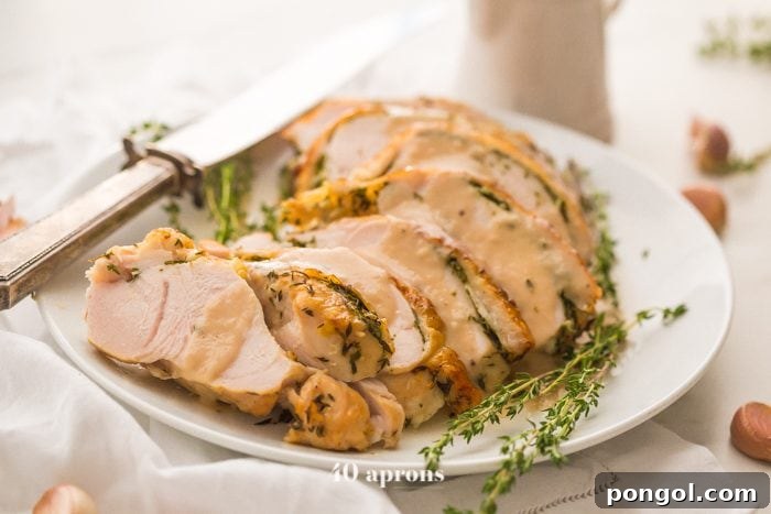 Serving of moist turkey breast with a rich, savory gravy