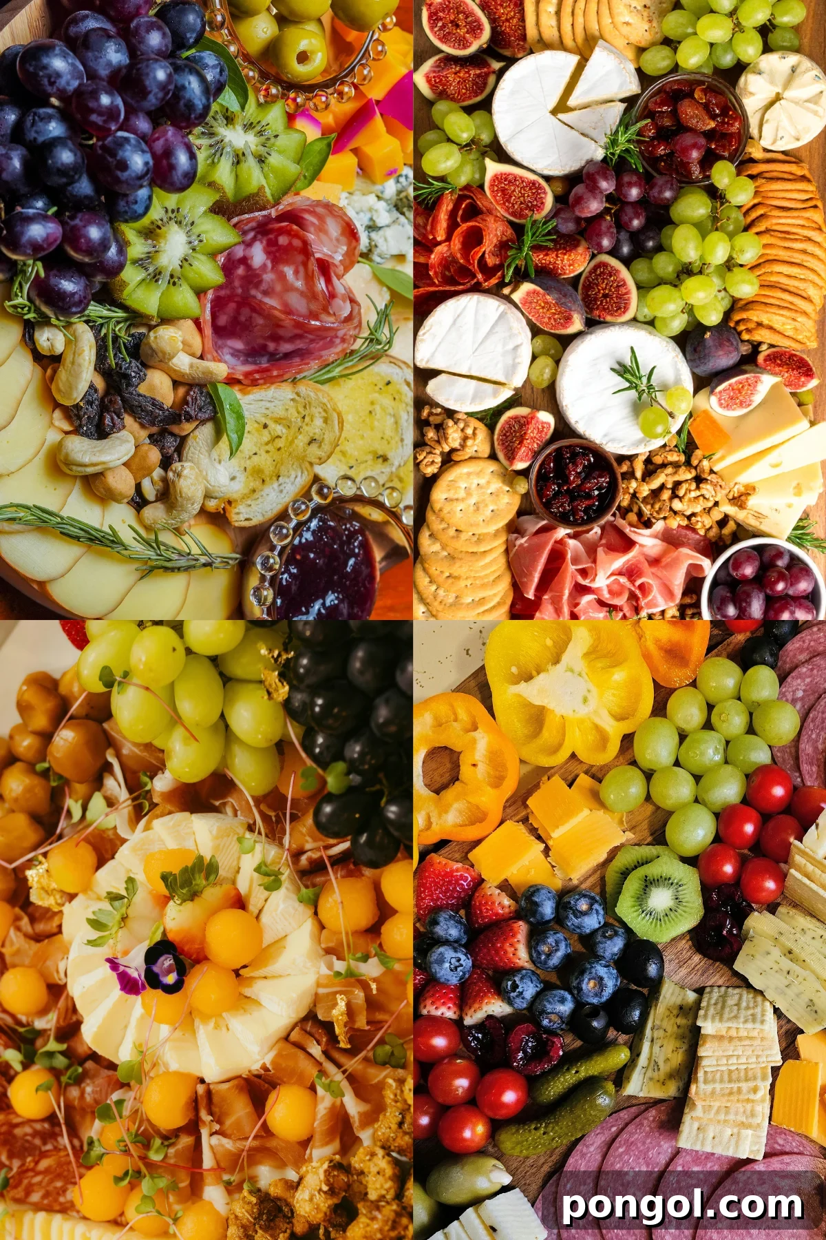 An overhead collage of four exquisite fruit and charcuterie boards, artfully arranged with various grapes, vibrant berries, an assortment of cheeses, crispy crackers, and delectable cured meats, showcasing perfect harmony for any gathering.