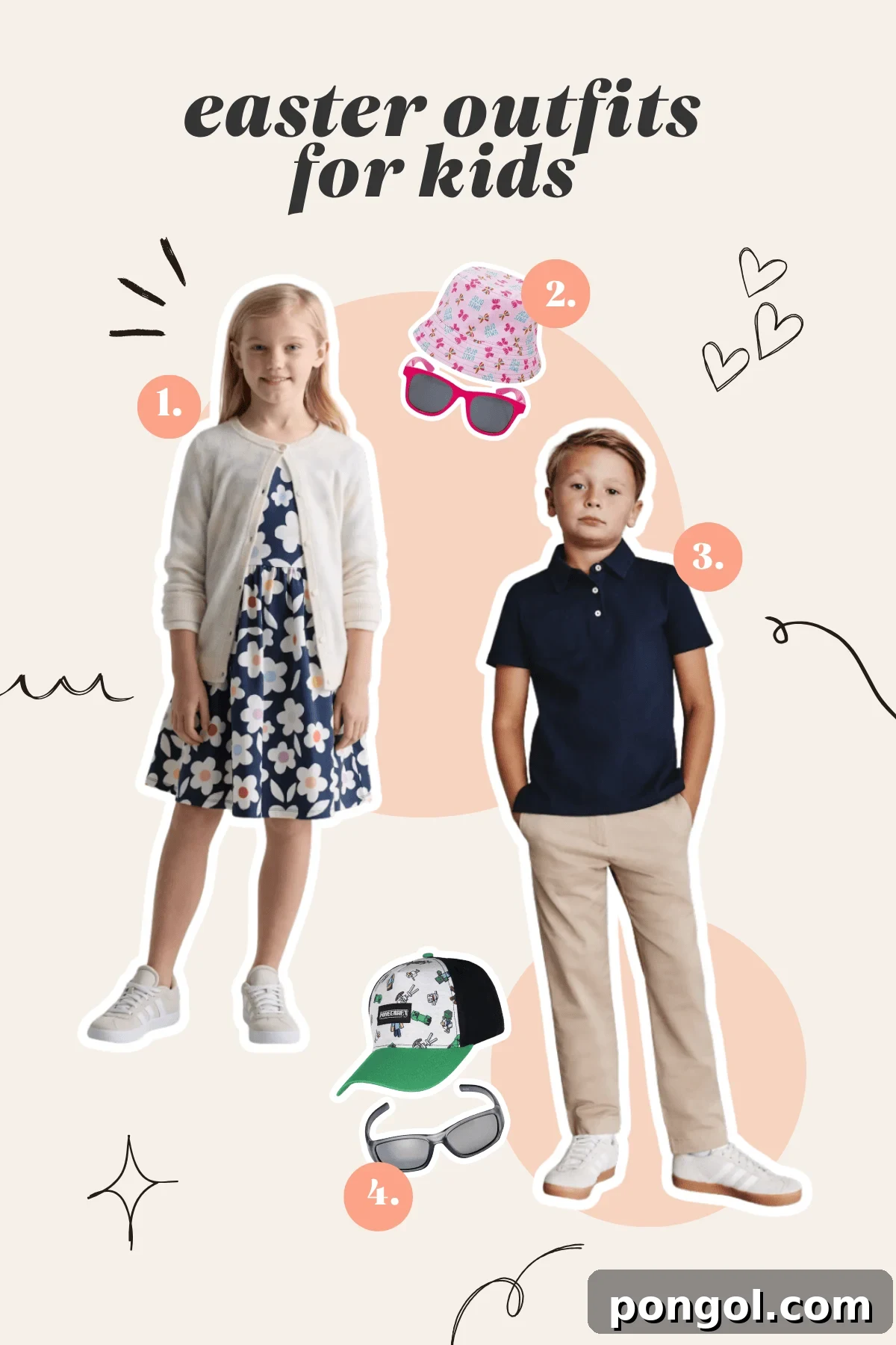 Easter Feasts Gifts and Fun Your Complete Celebration Guide 19 A young girl in a floral dress and white cardigan and a boy in a navy polo with khaki pants, showcasing practical yet adorable Easter outfits for kids.