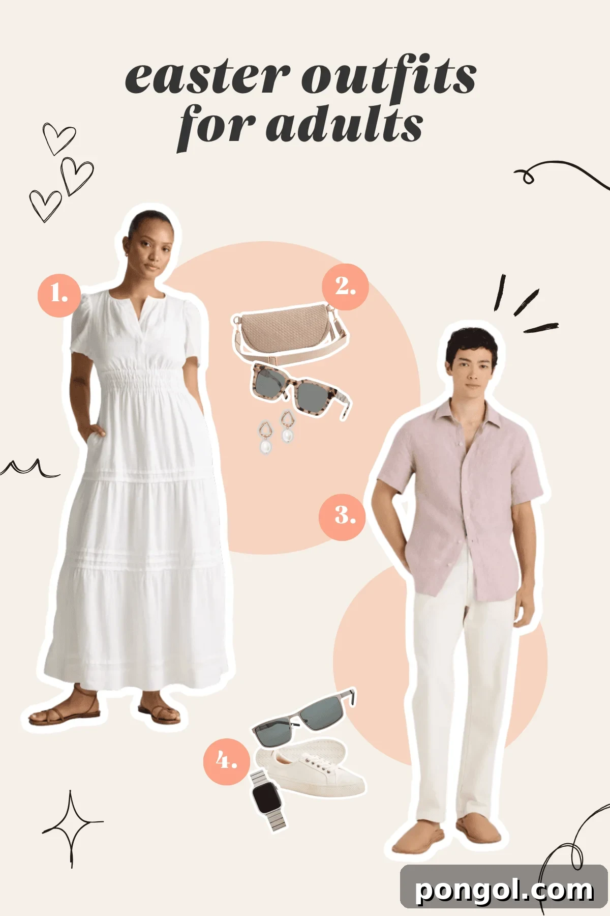 Easter Feasts Gifts and Fun Your Complete Celebration Guide 20 A woman in a white tiered maxi dress with sandals and a man in a pink linen shirt with white trousers, embodying effortless yet chic Easter outfits for adults.