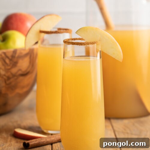 Zoomed out photo of two mimosas glasses holding apple cider mimosas rimmed with brown sugar cinnamon sitting in front of a bowl of apples.