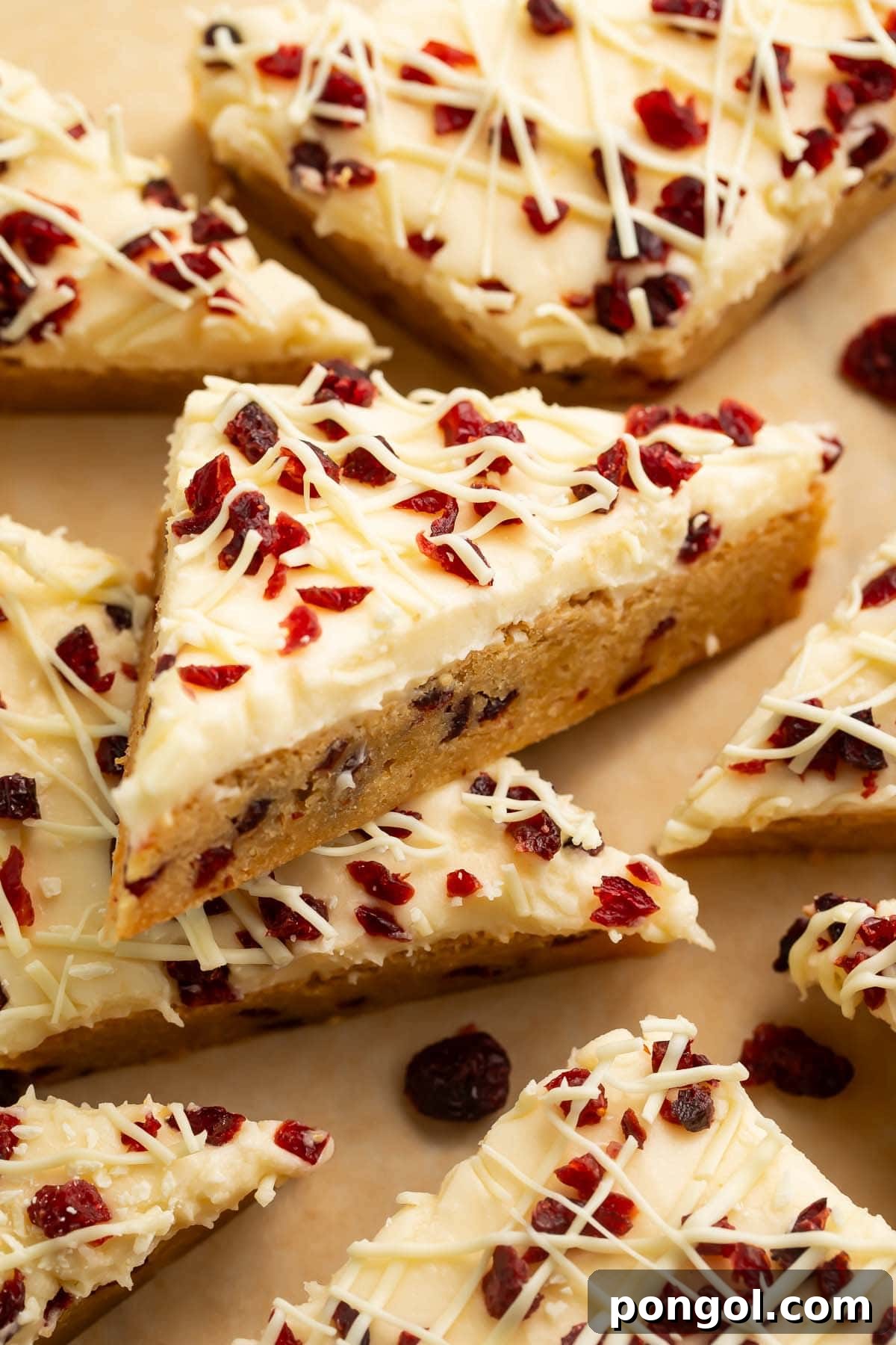 Frosted Cranberry Delights 3 A tray of freshly baked Cranberry Bliss Bars, showing their delightful layers and festive topping.