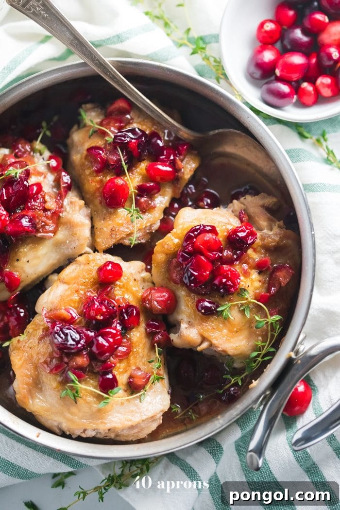 Crispy-skinned Whole30 Cranberry Chicken thighs resting on a plate with roasted cranberries, ready to be sauced.