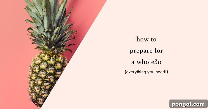 How to prepare for a Whole30 graphic, showing a person holding healthy food.