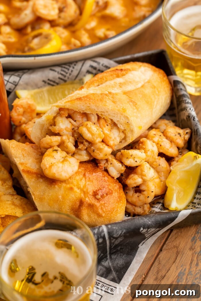 Big Easy BBQ Shrimp Po Boy 2 BBQ shrimp po-boys arranged on a pan with delicious buttery shrimp surrounding them.