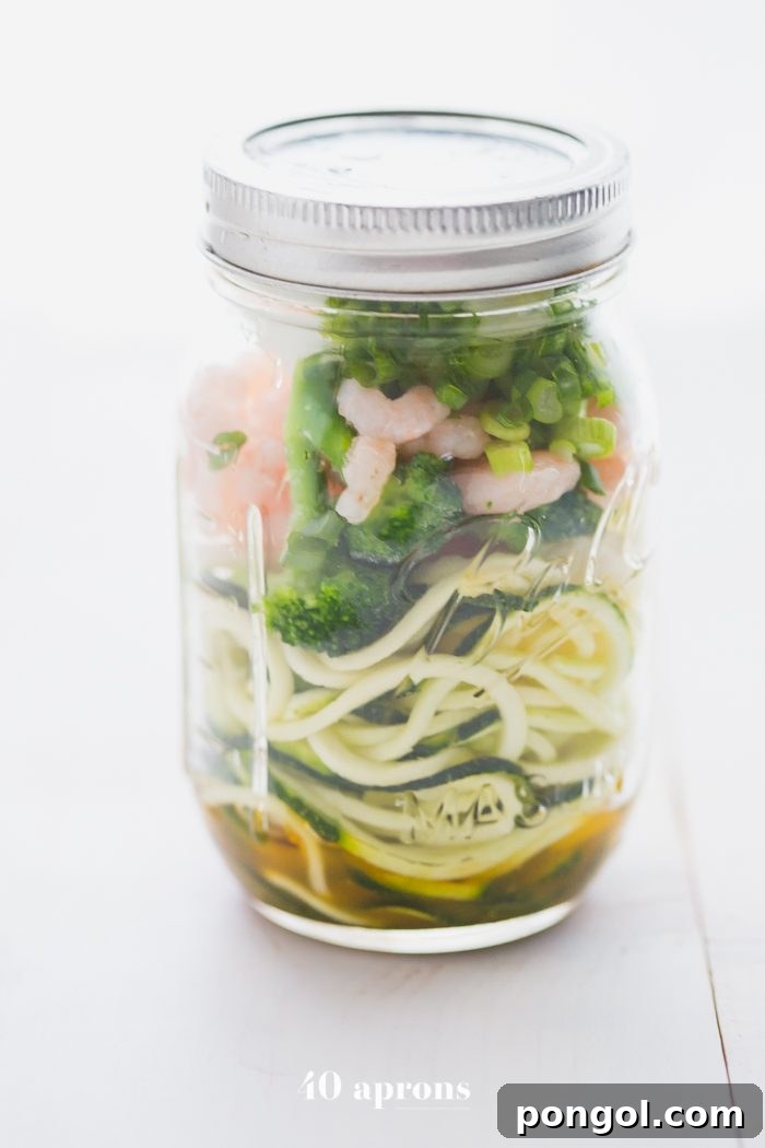 Whole30 Paleo Zoodle Cups 2 Whole30 Cup Zoodles: Zucchini noodles with vegetables and shrimp in a mason jar, a healthy and low-carb ramen alternative.