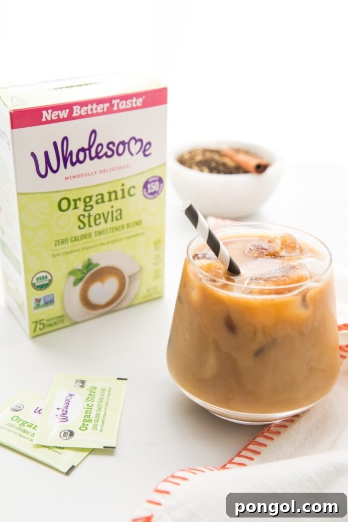 Iced Dirty Chai, Elevated: Vegan, Paleo, Sugar-Free Goodness 2 Refreshing Iced Dirty Chai sweetened with Wholesome Organic Stevia, garnished with a cinnamon stick.