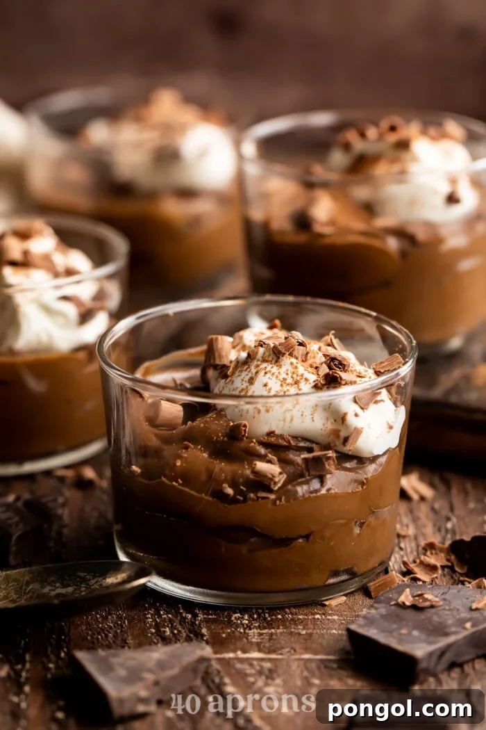 Velvet Avocado Chocolate Mousse Plant-Powered Delight 3 Side view of 4 jars of avocado chocolate mousse topped with whipped coconut cream.