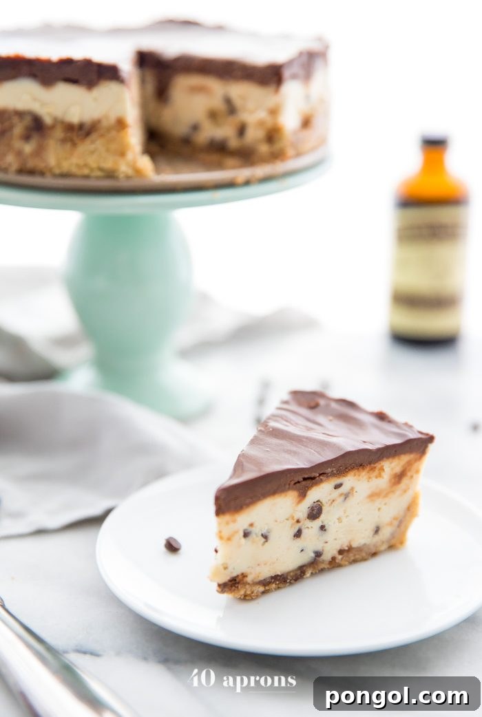 Slice of vegan no bake cookie dough cheesecake on a plate, showcasing its creamy filling, chocolate chips, and ganache topping.