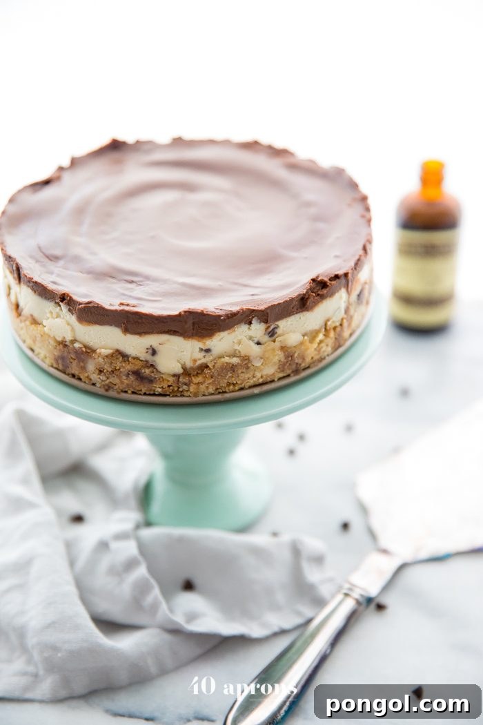 Whole vegan no bake cookie dough cheesecake on a cake stand, decorated with chocolate chips.