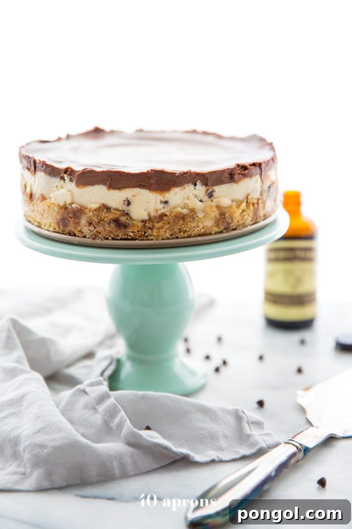 Whole vegan no bake cookie dough cheesecake on a cake stand, viewed from above.