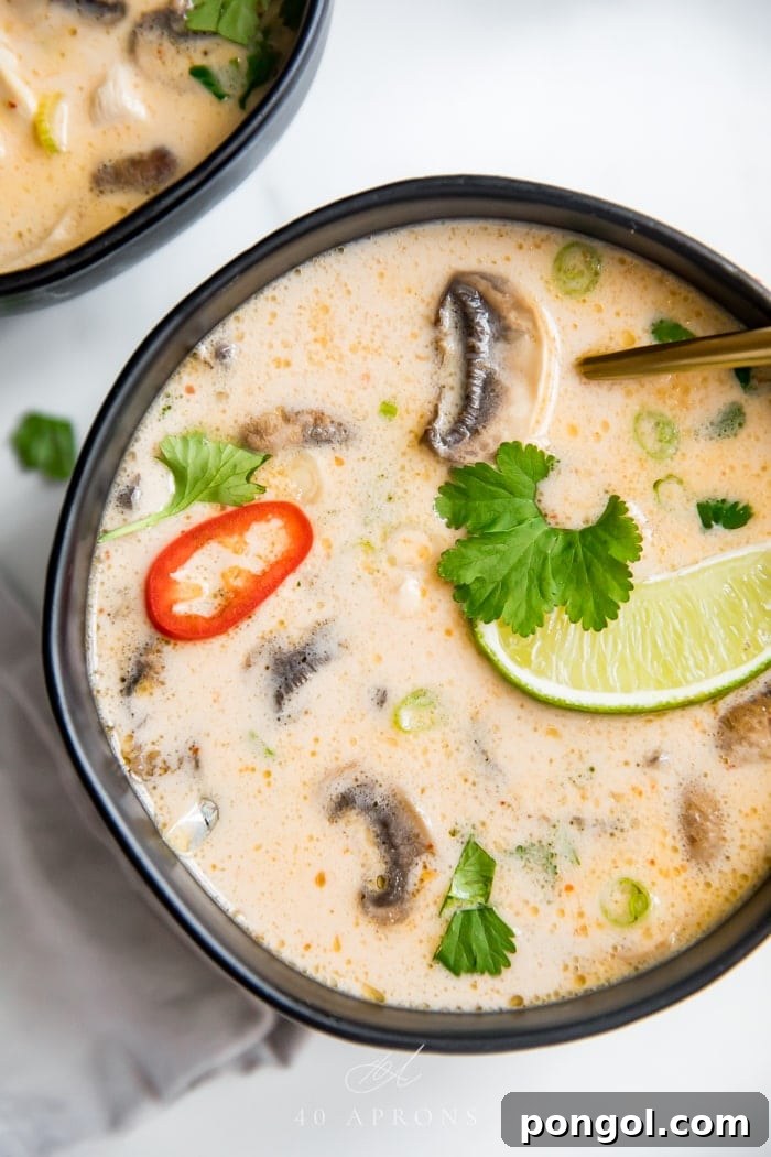 Close up overhead shot of Tom Kha Gai soup in a black bowl with visible chicken, mushrooms, and herbs