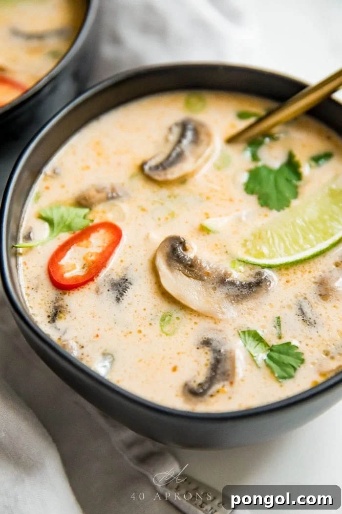 A close up shot of a black bowl of the best tom kha gai Thai chicken coconut soup with limes, lemongrass, chiles, cilantro, and chicken in a coconut broth