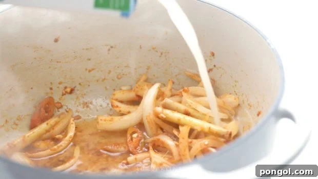 Sauté aromatics then add chicken stock and simmer