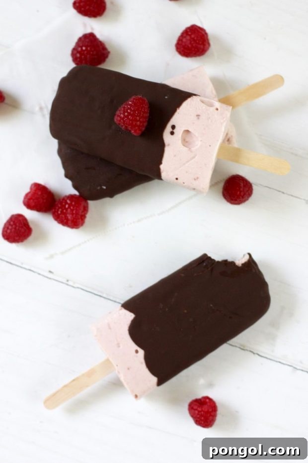 Delicious chocolate raspberry ice cream pops, a healthy frozen dessert idea.