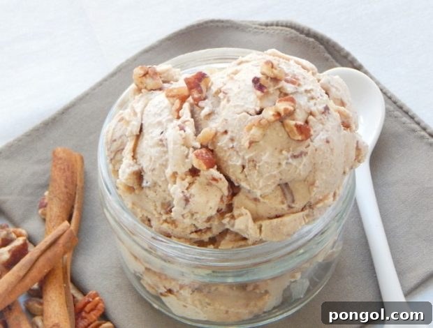 Cinnamon pecan cashew ice cream, a nutty and spiced dairy-free delight.