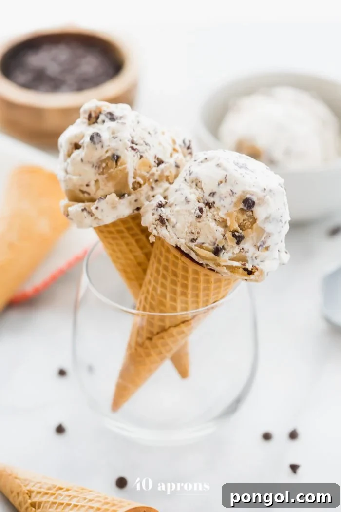 Wholesome Paleo Vegan Cookie Dough Ice Cream 2 Two scoops of creamy paleo cookie dough ice cream in cones, showcasing delicious cookie dough bites and chocolate swirls. Perfect for a healthy summer dessert.