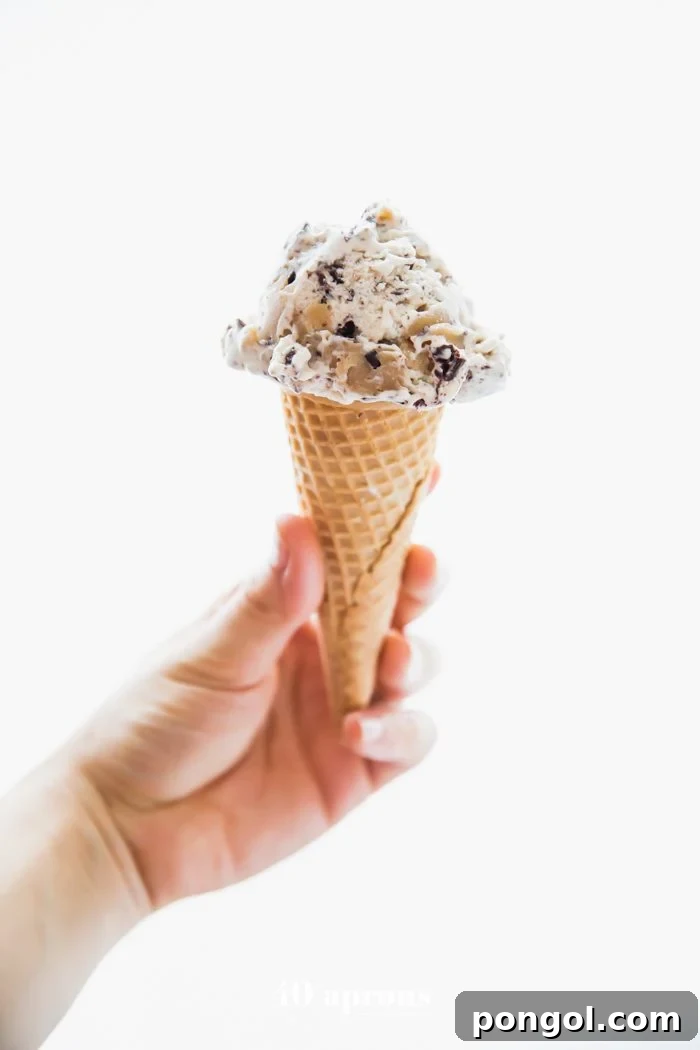 Wholesome Paleo Vegan Cookie Dough Ice Cream 5 A hand holds a cone brimming with paleo cookie dough ice cream, ready to be enjoyed.