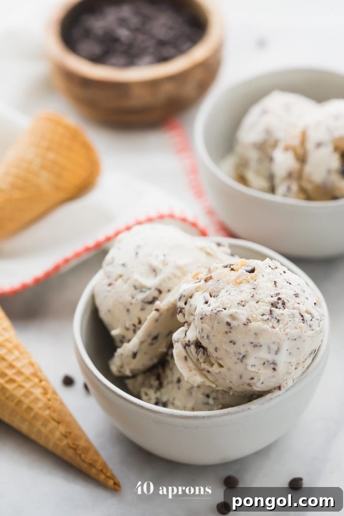 Wholesome Paleo Vegan Cookie Dough Ice Cream 6 A bowl filled with generous scoops of paleo cookie dough ice cream, garnished with extra cookie dough bits.