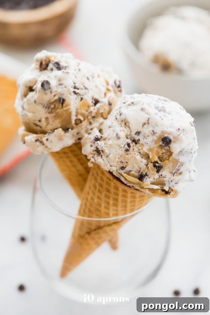 Wholesome Paleo Vegan Cookie Dough Ice Cream 7 Two delightful cones of paleo cookie dough ice cream, ready to be savored.