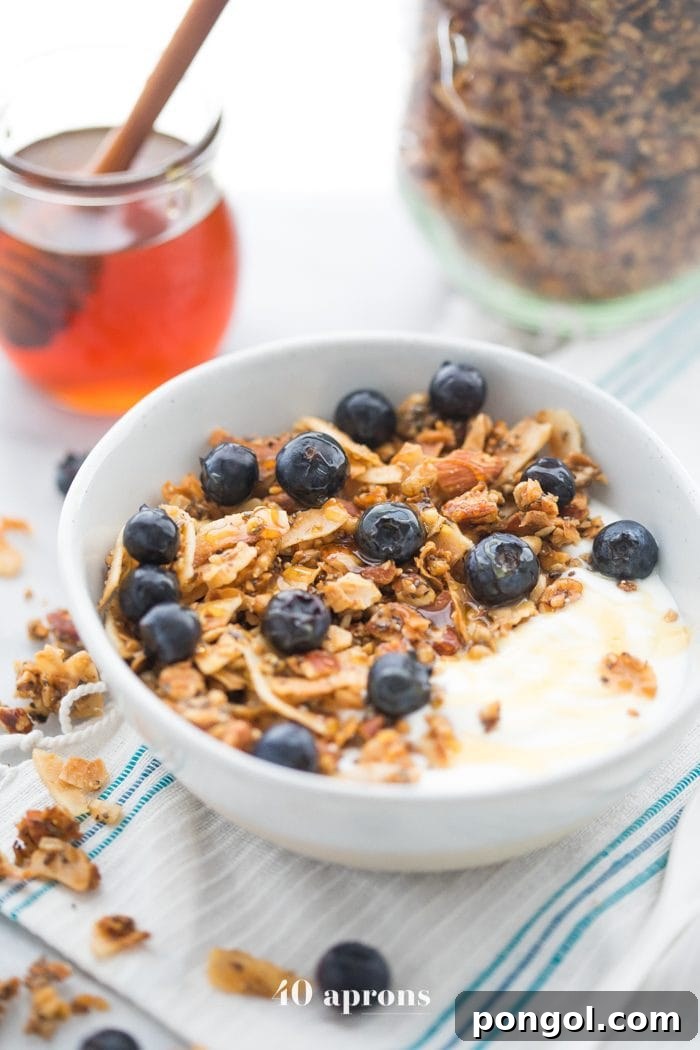Bowl of the crunchy paleo granola recipe over yogurt, topped with blueberries 