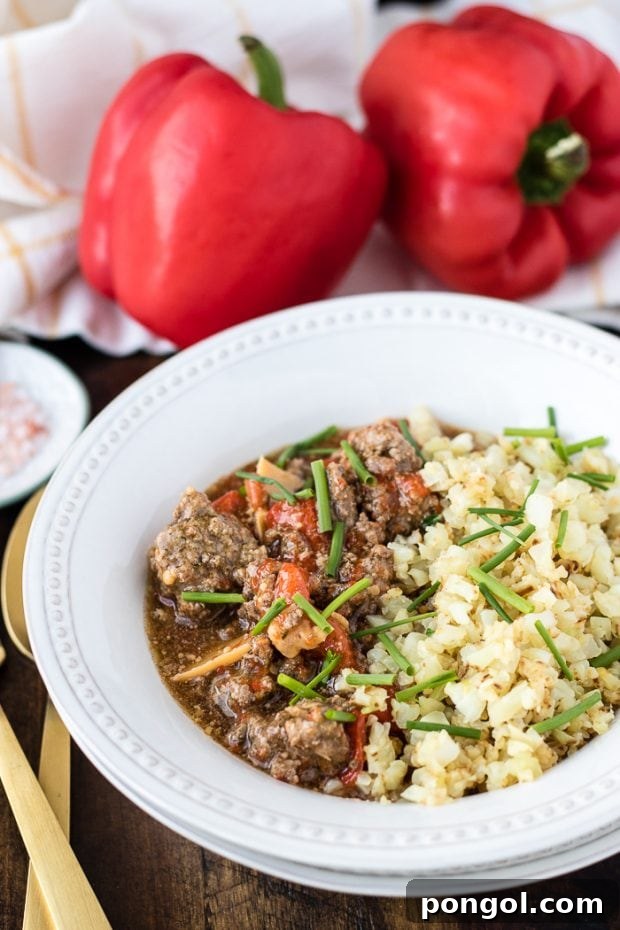 Whole30 Instant Pot Beef with Peppers cooked and ready to serve