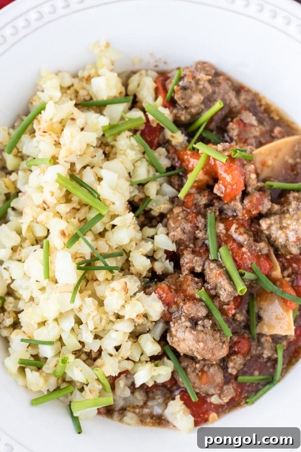 Overhead shot of Instant Pot Beef with Peppers and cauliflower rice