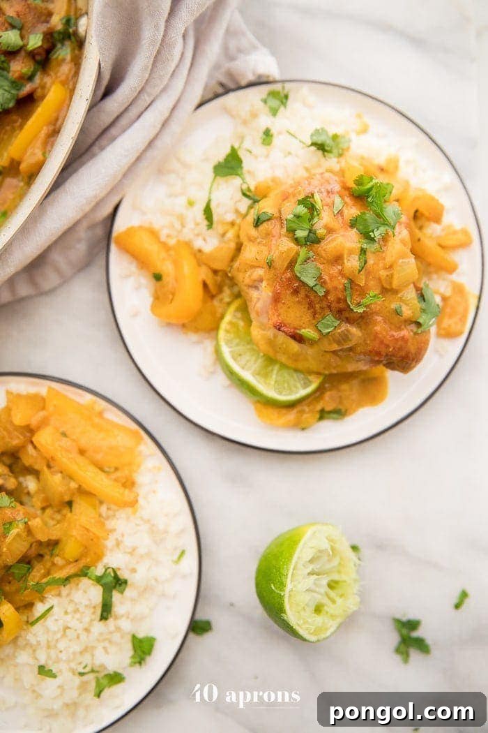 Coconut curry turmeric chicken on a plate with cilantro garnish and a lime to the side
