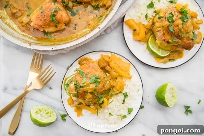 Coconut curry turmeric chicken on a plate with cilantro garnish and a lime to the side