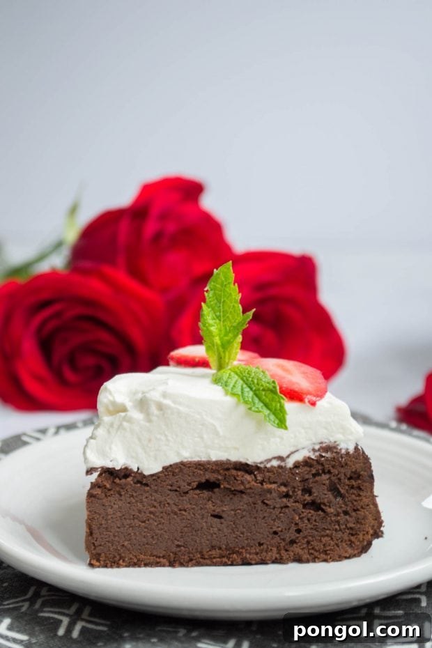 side view of a slice of keto flourless chocolate cake with whipped cream on a white plate, highlighting its moist interior