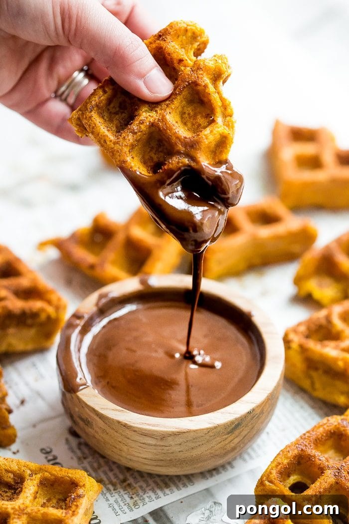 Golden-brown Paleo Pumpkin Churros, perfectly crispy on the outside and tender within, served with a rich, dark chocolate dipping sauce.