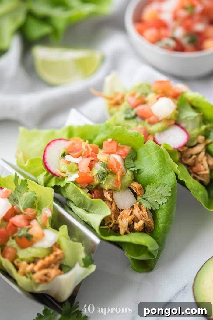 Three paleo chicken tacos in a taco holder, served in vibrant lettuce wraps, generously topped with creamy avocado crema, fresh pico de gallo, and thinly sliced radishes for crunch