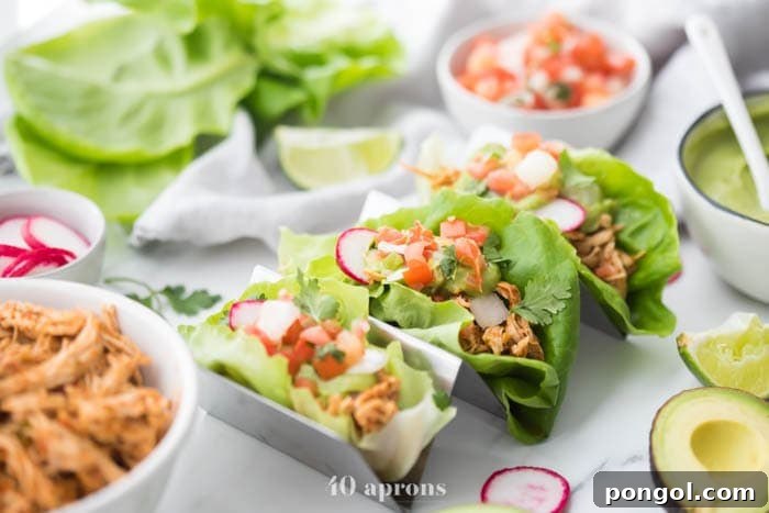 Two paleo chicken tacos in a taco holder showcasing the juicy shredded chicken, creamy avocado crema, and colorful pico de gallo, all wrapped in fresh Bibb lettuce