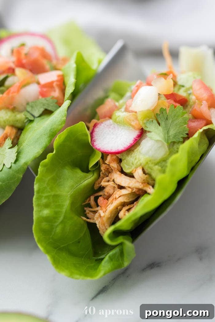 A close-up view of a single paleo chicken taco, meticulously assembled in a fresh lettuce wrap, overflowing with shredded chicken, a generous swirl of avocado crema, and vibrant pico de gallo, topped with a delicate radish slice