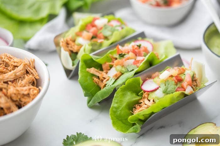Three perfectly plated paleo chicken tacos in a taco holder, served in fresh lettuce wraps, each generously topped with creamy avocado crema, vibrant pico de gallo, and thin radish slices, ready to be enjoyed