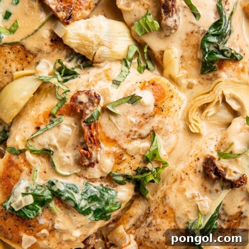 Whole30 Tuscan chicken close-up, illustrating the final dish