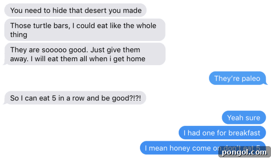 Husband's text message about eating five turtle bars